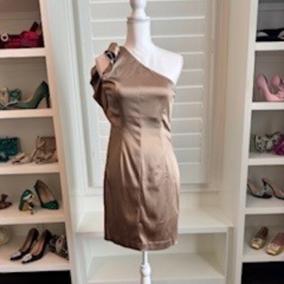 Champagne Satin One-Shoulder Cocktail Dress – Size 6 - Picture 2 of 11
